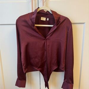 Wilfred Burgundy Long Sleeve Satin Blouse with Front Tie